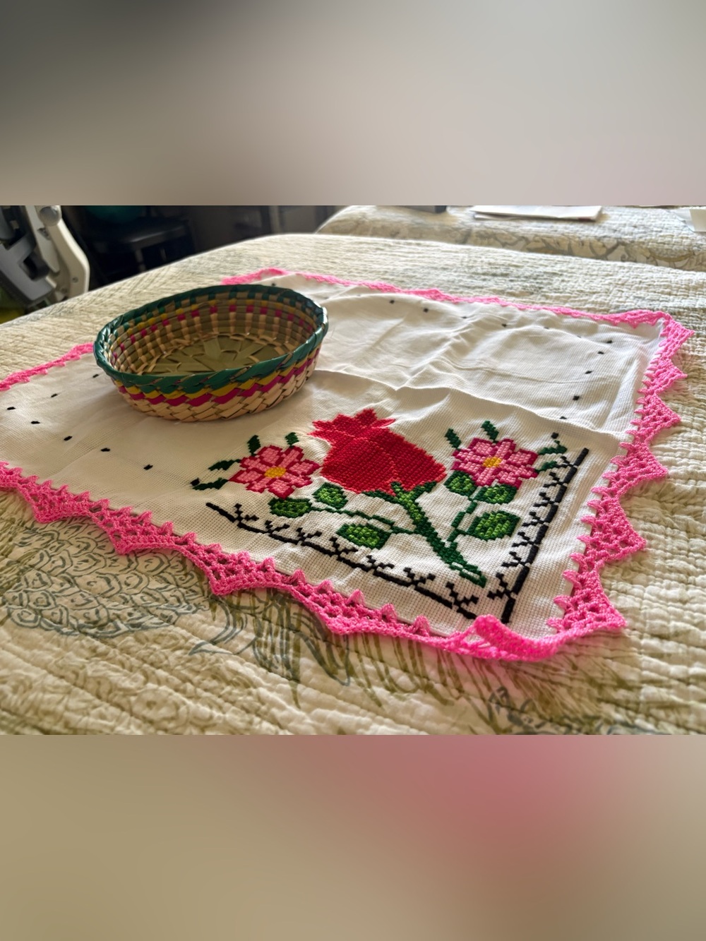 Hand-Embroidered Pink & Red Floral Linen Doily + Basket